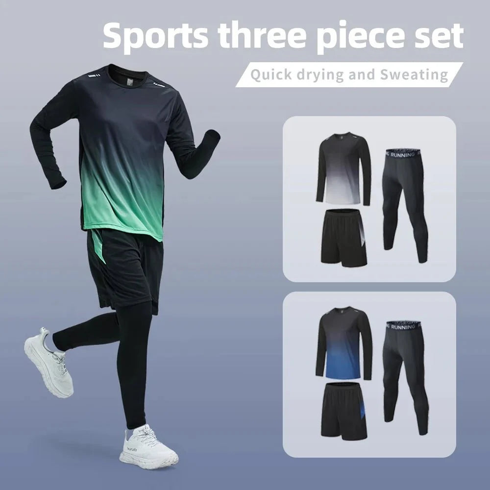 Men's Elastic Compression Bodybuilding Sportswear Gym Fitness Shirts Long-Sleeved Workout Clothes Tights Pants and Running Track